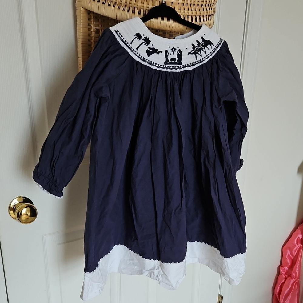 Navy Blue Kids Dress with Nativity Scene Embroidery, Cotton Poplin